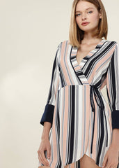 Women's Printed Wrap Dress With Cuff Binding in Multi Stripe