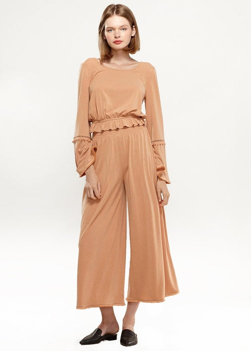 Smocked Waist Wide Leg Palazzo Pants in Apricot