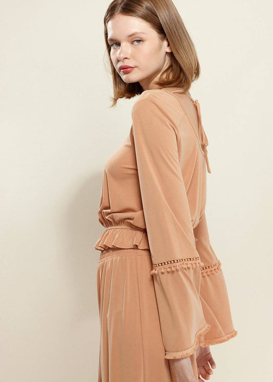 Women's Fringe Cuff Bell Sleeve Top in Apricot