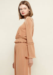 Women's Fringe Cuff Bell Sleeve Top in Apricot