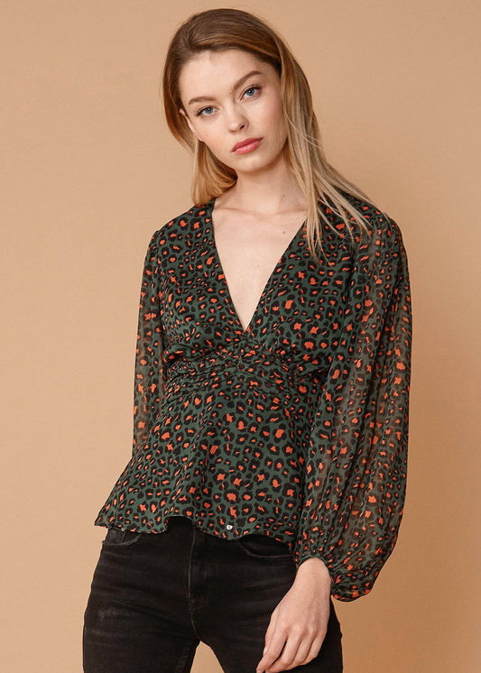 V-neck Puff Sleeve Blouse in Leopard Hunt