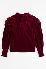 Red Mock Keyhole Neck Puff Sleeve Velvet Blouse