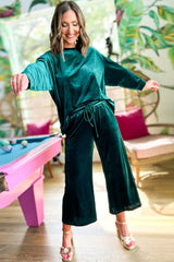 Blackish Green Velvet Long Sleeve Top & Wide Leg Pants Set