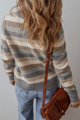 Gray Striped Ribbed Edge Round Neck Sweater