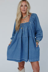 Dusk Blue Side Pockets Loose Fit Denim Mini Dress