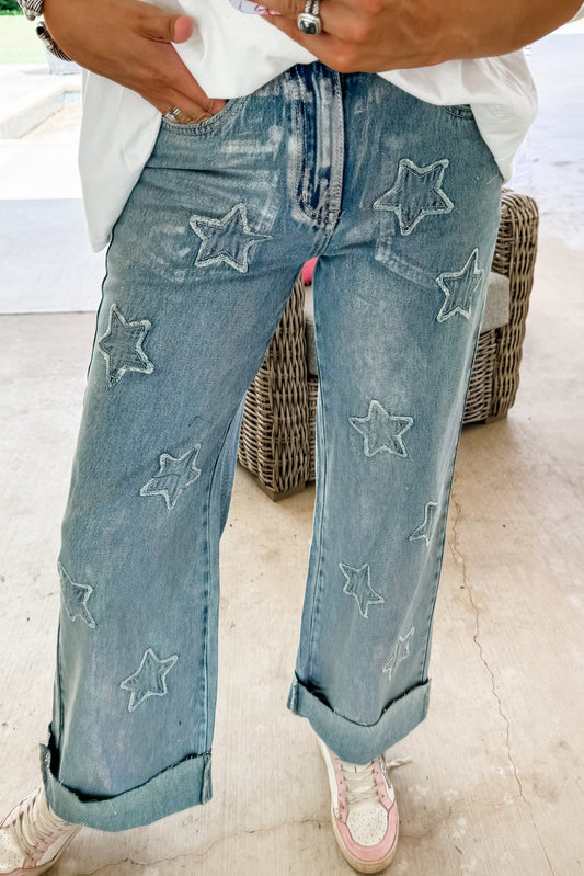 Dusk Blue Star Patched Straight Leg Loose Jeans