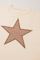 Beige Star Pattern Studded Crew Neck Plus Size Top