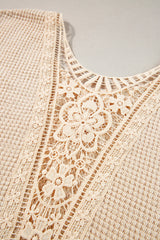 Beige Hollowed Lace Applique Plus Size Waffle T Shirt