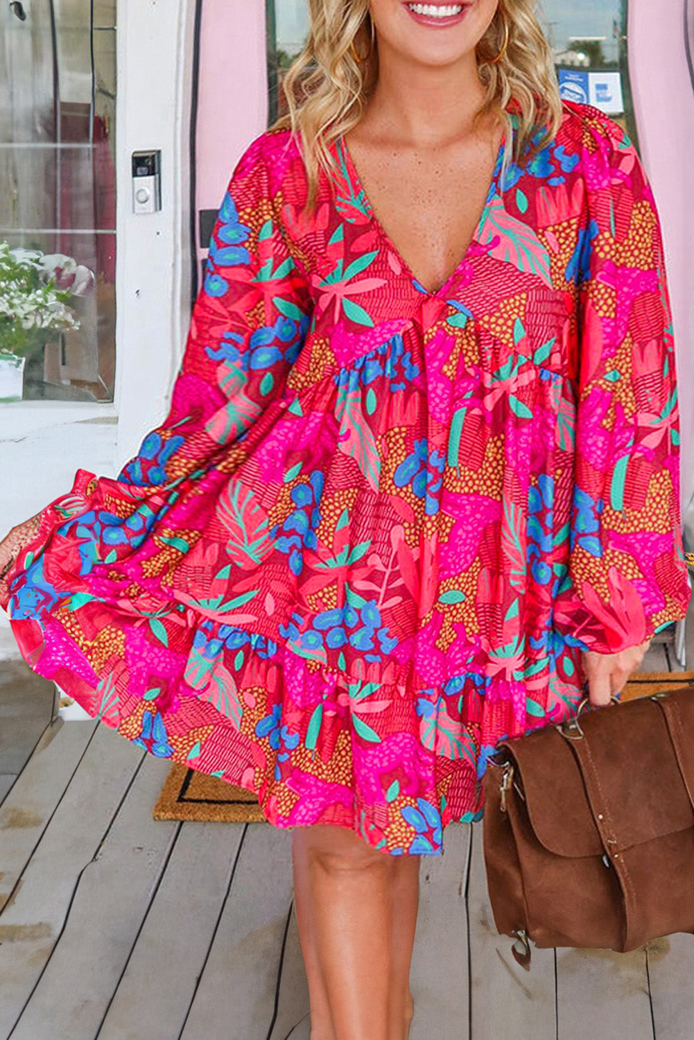 Rose Tropical Print Lantern Sleeve V Neck Ruffle Plus Size Mini Dress