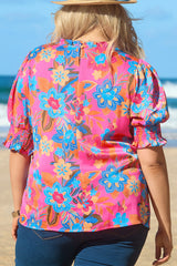 Rose Plus Size Floral Print Frill Neck Smocked Puff Sleeve Blouse