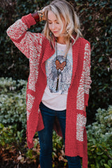 Red Contrast Trim Open Front Belted Long Cardigan