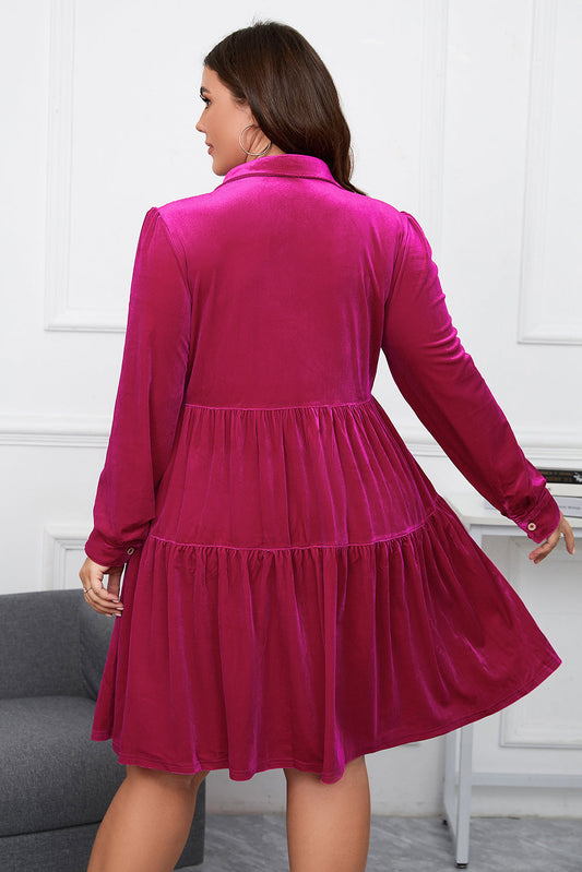 Rose Red Plus Size Velvet Long Sleeve Button-Up Tiered Dress