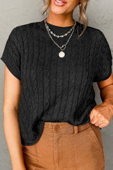 Black Cable Knit Crewneck Short Sleeve Sweater