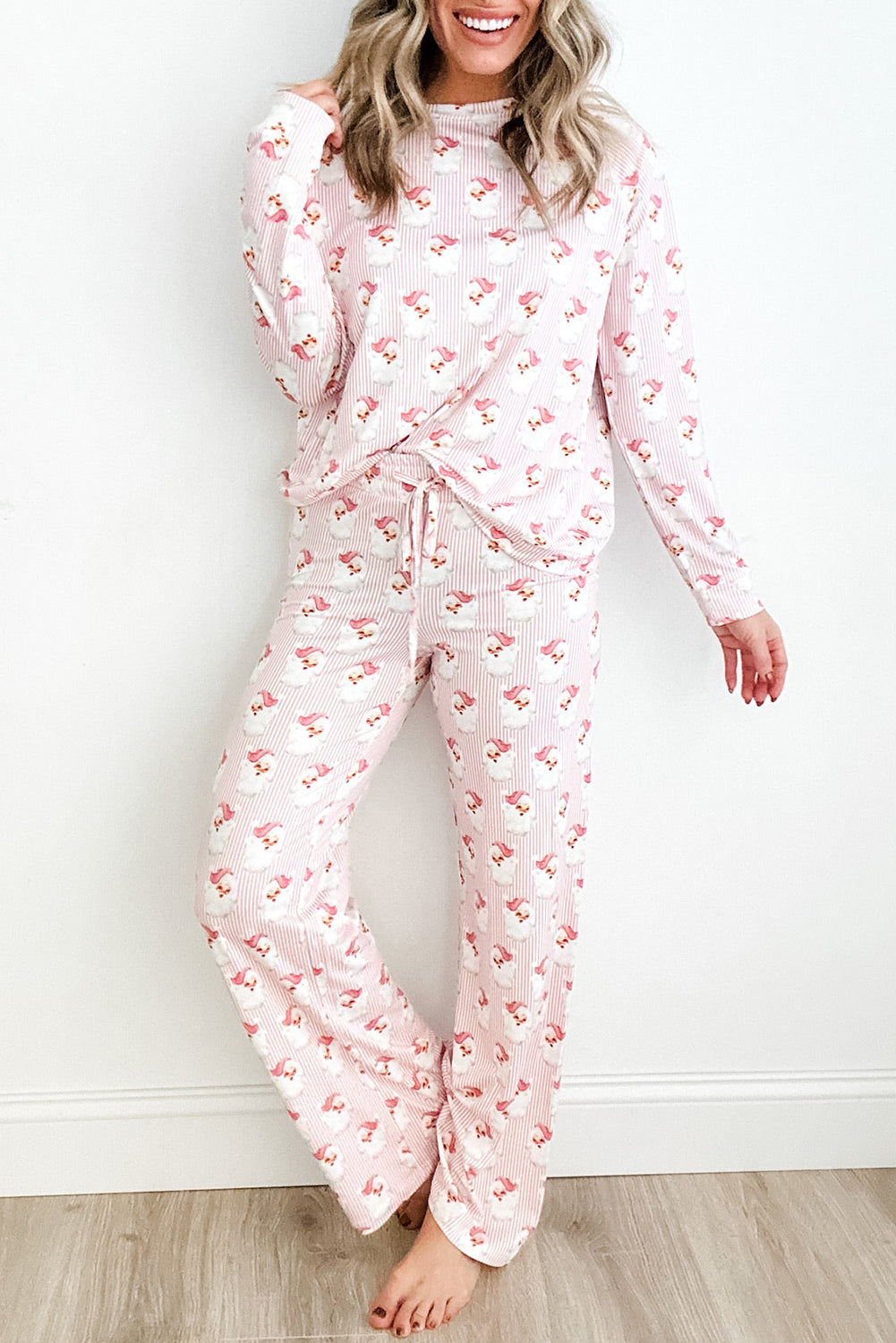 Pink Santa Claus Striped Print Loose Fit Two Piece Loungewear Set