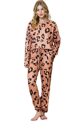 Apricot Pink Leopard Print Long Sleeve Top and Drawstring Pants Set