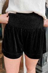 Black Velvet Smocked High Waist Shorts