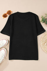 Gray Ribbed Splicing Short Sleeve Round Neck T-shirt