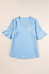 Beau Blue Ruffled Short Sleeve V Neck Textured Blouse