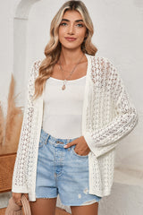 Black Hollow Out Crochet Knit Drop Shoulder Open Front Cardigan