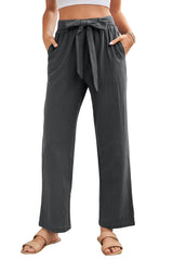 Black Elastic Waist Drawstring Wide Leg Pants