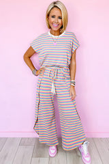 Black Stripe Rainbow Tee and Tassel Drawstring Wide Leg Pants Set