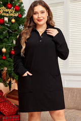 Black Ribbed Knit Buttoned Collared Roll Tab Sleeve Plus Size Mini Dress