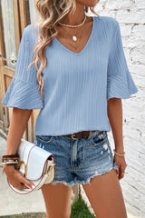 Beau Blue Ruffled Short Sleeve V Neck Textured Blouse