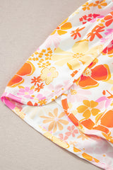 Orange Retro Floral Shirred High Waist Athletic Shorts