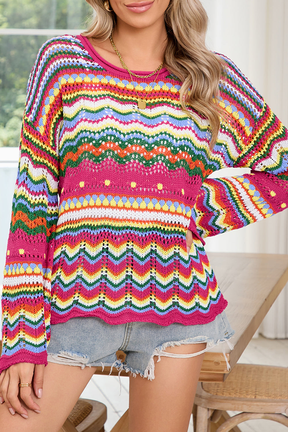 Rose Red Colorblock Striped Hollowed Knit Loose Sweater