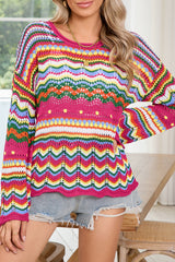 Rose Red Colorblock Striped Hollowed Knit Loose Sweater