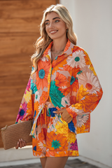 Orange Floral Print Lantern Sleeve Shirt & Drawstring Shorts Set