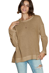 Khaki Plain Waffle Knit Drop Sleeve Side Slits Oversized Top