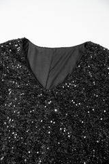 Black Plus Size Bubble Sleeve V Neck Sequin Dress