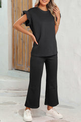 Black Textured Ruffle Summer Top and Drawstring Pants Set