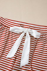 Red Stripe Buttoned V Neck Top and Knotted Waist Pants Pajama Set