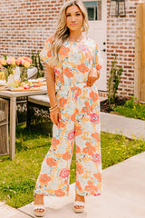 Orange Vibrant Floral Print Blouse and Wide Leg Pants Set