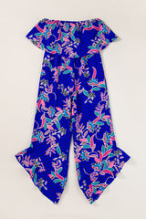 Blue Boho Tropical Print Ruffle Overlay Strapless Flared Jumpsuit