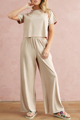 White Raw Hem Loose Tee and Wide Leg Pants Set