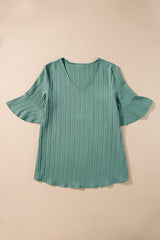 Beau Blue Ruffled Short Sleeve V Neck Textured Blouse