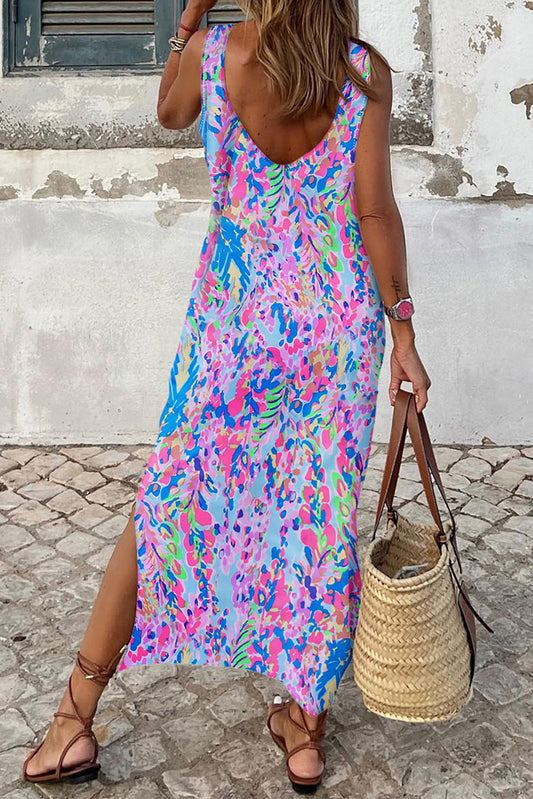 Purple Fluorescent Printed Round Neck	 Sleeveless Maxi Dress