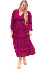 Rose Red Smocked V Neck Tiered Ruffle Velvet Plus Size Maxi Dress