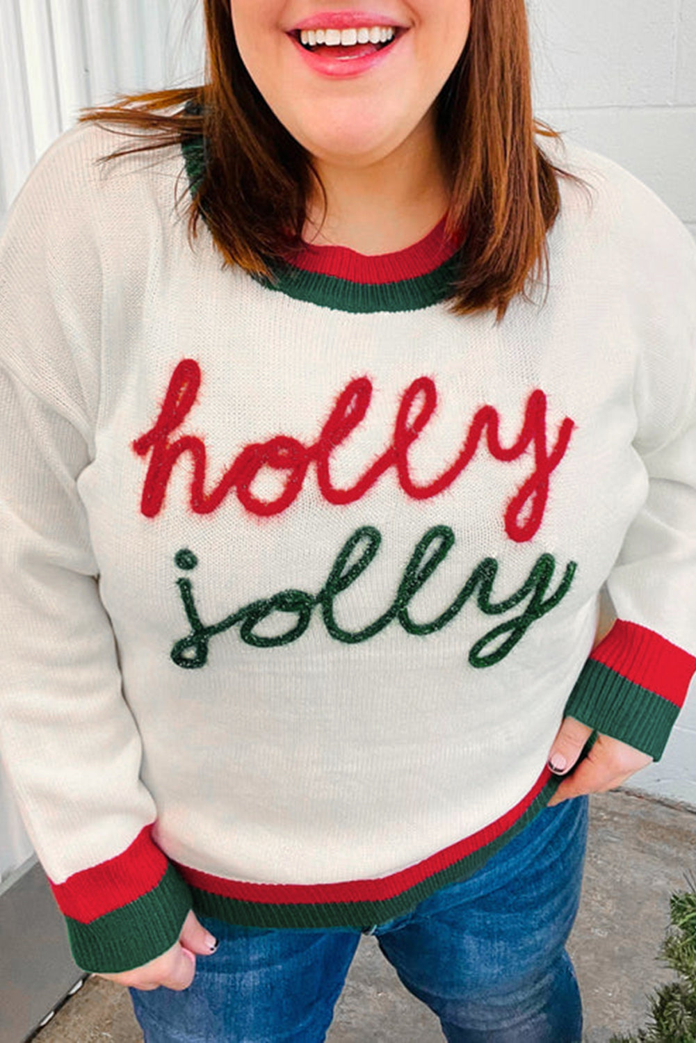 White Holly Jolly Colorblock Trim Drop Shoulder Plus Size Sweater