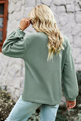 Green Waffle Knit Solid Color Long Sleeve Henley Top