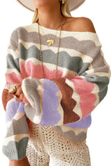 Yellow Wave Striped Balloon Sleeve Drop Shoulder Sweater