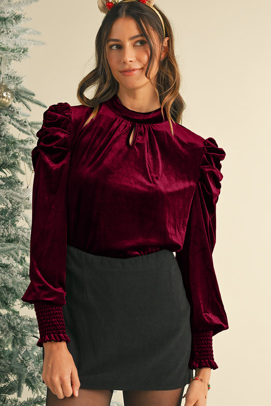 Red Mock Keyhole Neck Puff Sleeve Velvet Blouse