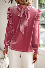 Red Mock Keyhole Neck Puff Sleeve Velvet Blouse