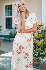 White Floral Print Side Slits T Shirt Dress