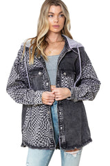 Gray Checked Patchwork Raw Hem Hooded Denim Jacket