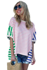 Blue Stripe Patchwork Slits Baggy T Shirt