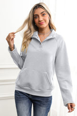 Light Grey Textured Knit Buttoned Kangaroo Pocket Sweatshirt